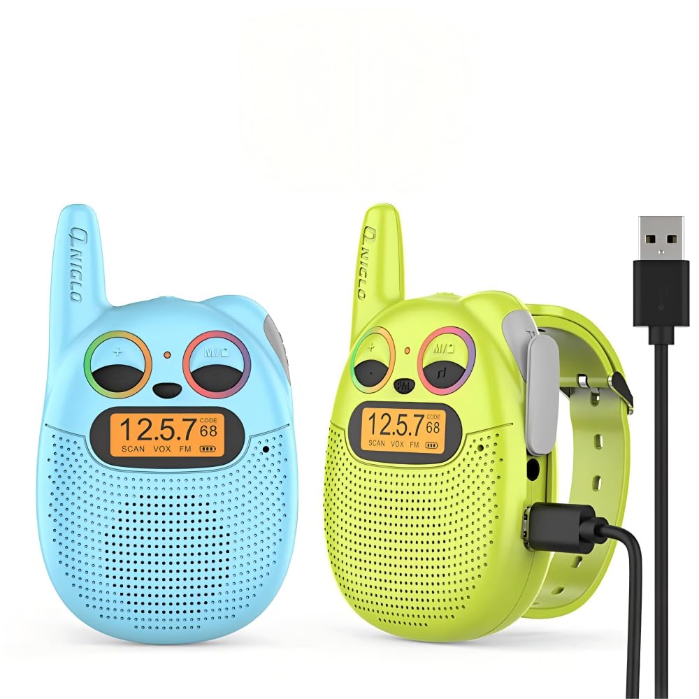 QNIGLO Walkie Talkies for Kids Rechargeable, Kids Walky Talky with Watch Strap 48 Hours Working Time 2 Km Long Distance 10 Ring tones - Birthday Gifts for Age 3-12 Boy Girls Outdoor Camping Games