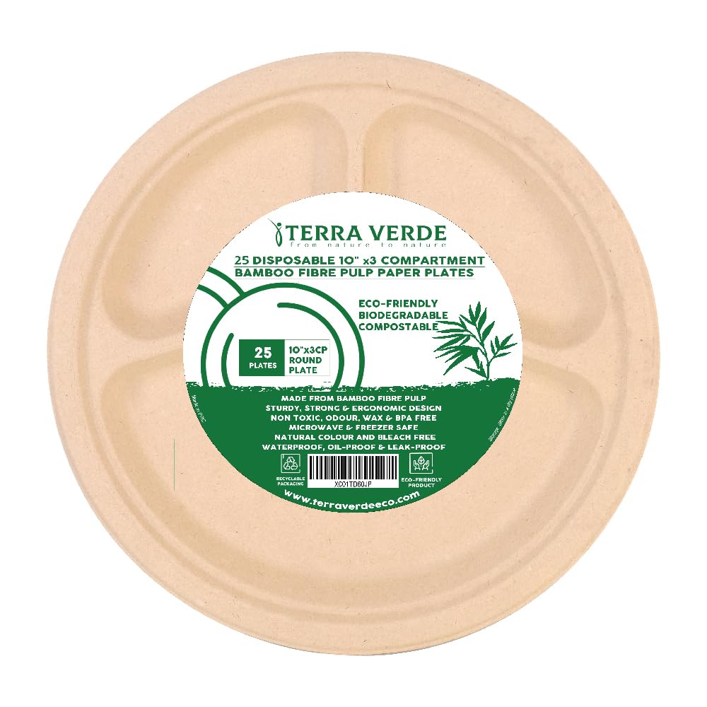 Terra Verde 25-Pack 10" 3-Compartment Bamboo Fibre Pulp Biodegradable Plates, Unbleached Brown, Odour-Free, Strong, Food-Safe, Leak-Proof, Microwave-Safe Disposable Tableware for Parties, BBQ, Events