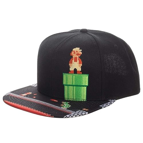 Bioworld Super Mario Video Game 8-Bit Black Snapback Hat for Mens