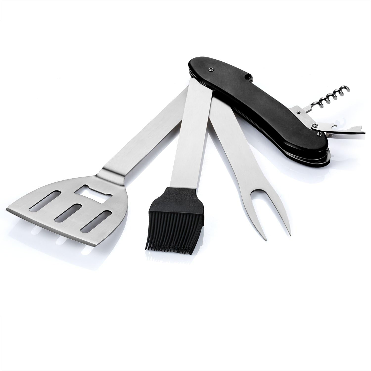 Barbestar 5-in-1 BBQ Grilling Tool, Stainless Steel Barbecue Grill Utensils Kit Foldable and Suitable for Baking with Case (Spatula Fork + Silicone Brush + Corkscrew + Wine Lever+ Opener)