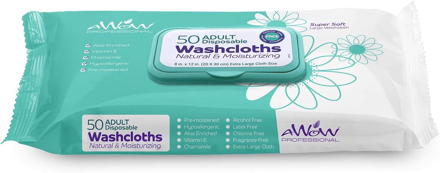 AWOW Professional Natural Adult Cleansing Disposable Washcloths, 50 Large Bath or Incontinence Natural Wipes (4 Packs/200 Wipes): Health & Personal Care