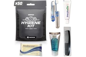 Go2Kits Travel Toiletry Kit, Hygiene Kit for Travel, Business & Charity with Reusable Toothbrush, Bath Soap & Other Essential Toiletries, 50-Pack (GO22)