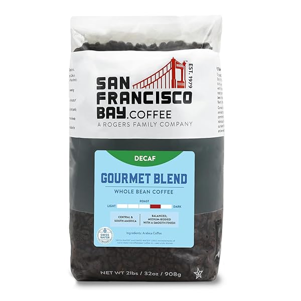 SAN FRANCISCO BAY COFFEE – DECAF MEDIUM-DARK ROAST WHOLE BEAN COFFEE – DECAF GOURMET BLEND (2 LB BAG) – SWISS WATER PROCESSED
