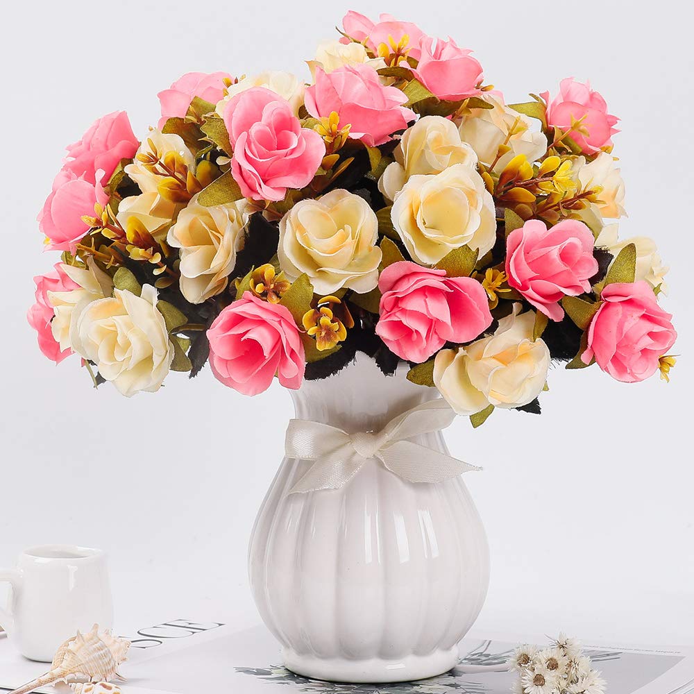 LESING Artificial Silk Rose with Vase Fake Flowers Wedding Flowers Bouquets Arrangement Home Office Party Centerpiece Table Decoration (Pink-1)