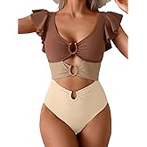 B2prity Women One Piece Swimsuit Ruffle Sleeve V Neck Monokini Cutout Tummy Control Bathing Suit for Vacation