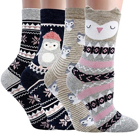 Women Casual Socks Animal Design Cartoon Socks Pack of 4 Penguin + Owl