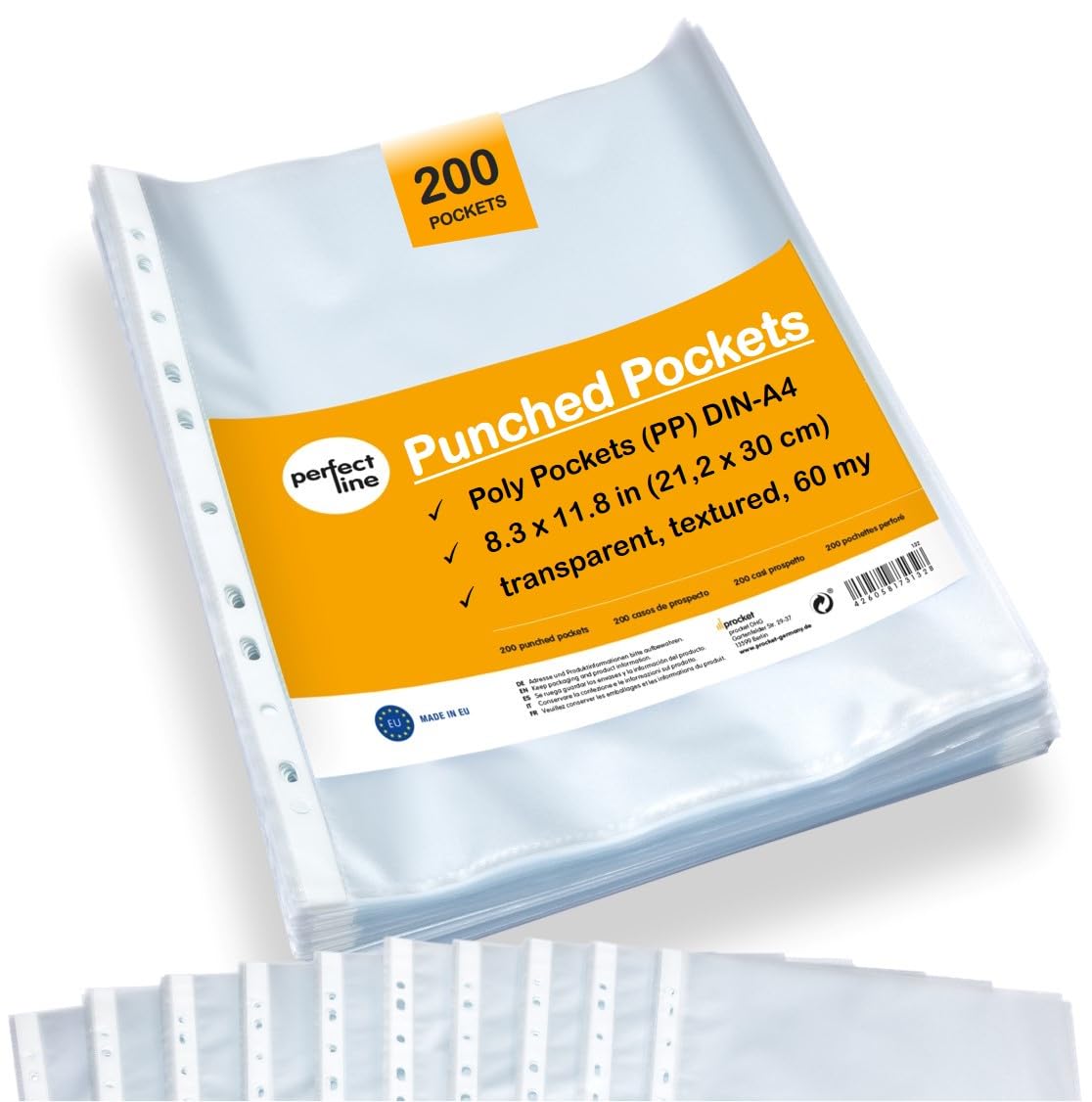 perfect line - 200 Poly Pockets A4 - Punched Pockets - Plastic Sleeves for A4 Paper - polypockets Clear, Transparent, matt, Document-Proof, Acid-Free - Made in EU