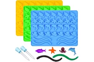 CAKETIME Gummy Molds Hard Candy Molds - Candy Molds Silicone Including Worms, Starfishs, Dolphins, Octopus, Sharks Sea Mold BPA Free, Pinch Test Approved Pack of 3 Ocean Molds