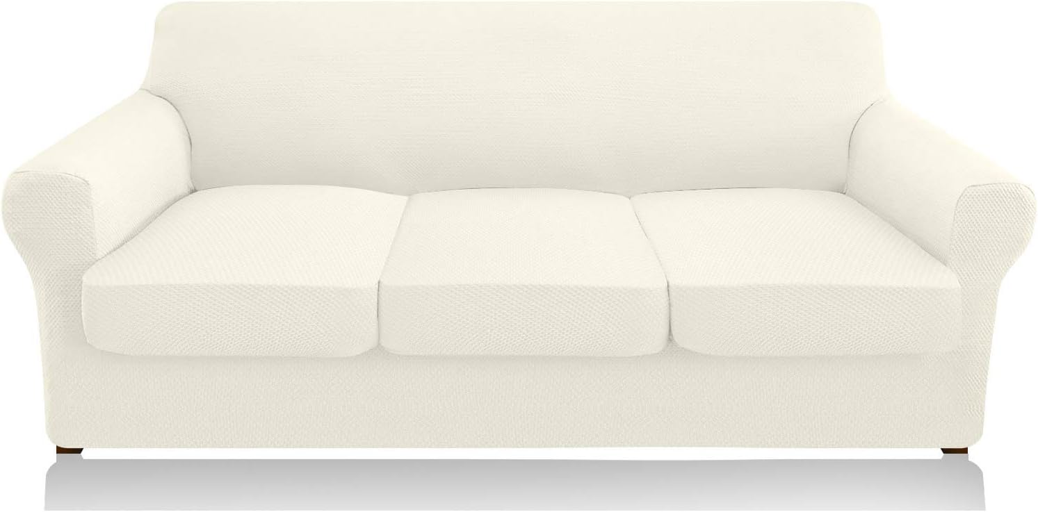 Granbest 4 Piece High Stretch Couch Covers for 3 Cushion Couch Thick Premium Sofa Slipcover Fitted Sofa Cover Furniture Protector for 3 Seat Sofas Dog Pet Proof Machine Washable (Large, Creamy White): Kitchen & Dining