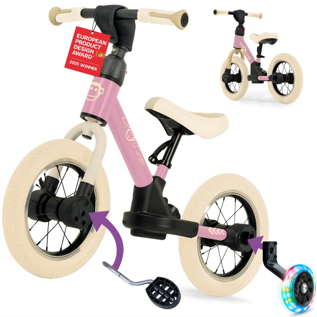Kidcruiser Pedalplay balance bike from 2+ year old, ideal for learning to ride, 3-in-1 with LED training wheels and pedals, durable modular frame, Pink and cream-white — image 1
