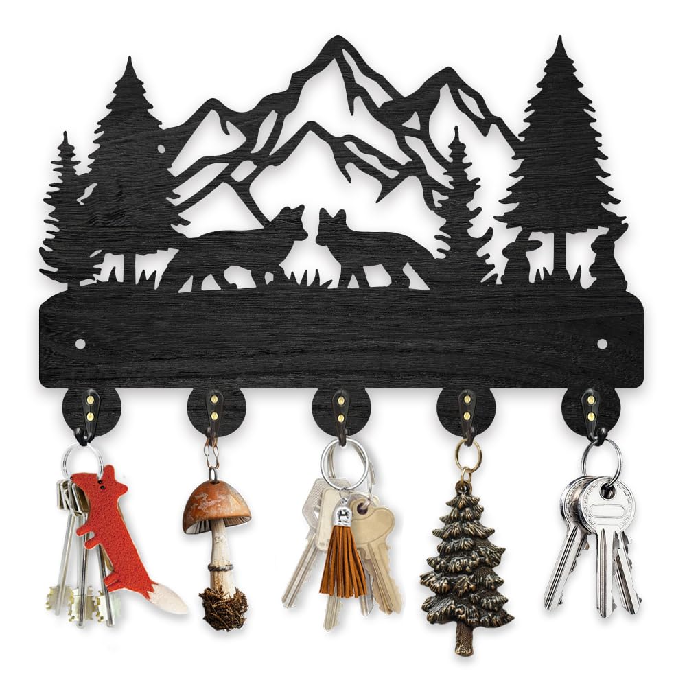 MAYJOYDIY Fox Mountain Forest Coat Hooks Wall Mounted Wood Key Holder for Wall 30×20cm Forest Animal Tree Key Hanger with 5 Alloy Hooks Decoratice Key Hook for Gift Living Room Kitchen Office