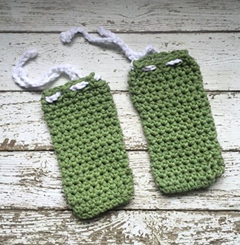Set of 2 Handmade Crochet Cotton Soap Saver Bags Green Drawstring Pouch Sack Washcloth