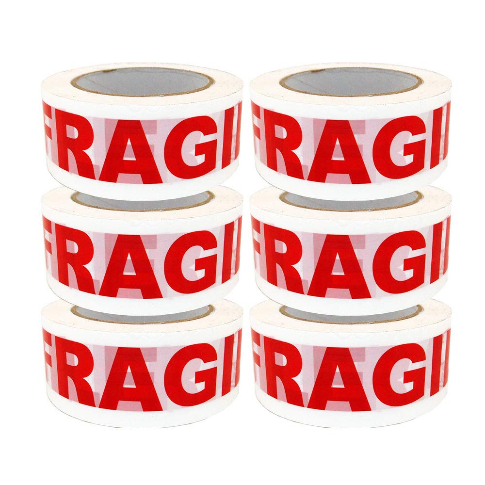 Fragile Shipping Tape – 2.83" X 110 Yards, 2 Mil Thick, 6 Rolls White/Red Printed