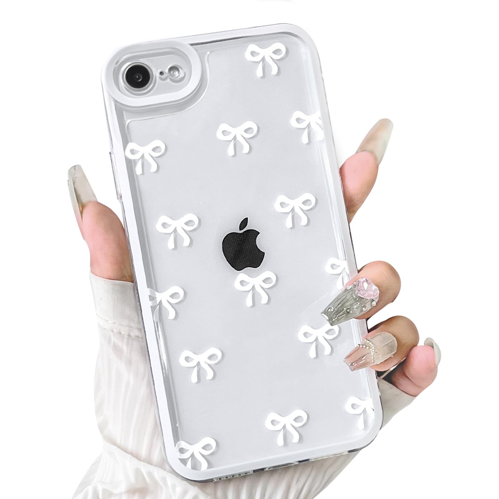 Photo 1 of NITITOP Compatible for iPhone SE 2020 / SE 2022/7 / 8 Case Cute Clear Ribbon Bowknot Pattern for Girls Women Soft TPU Transparent Full Camera Lens Shockproof Protective Phone Cover - White