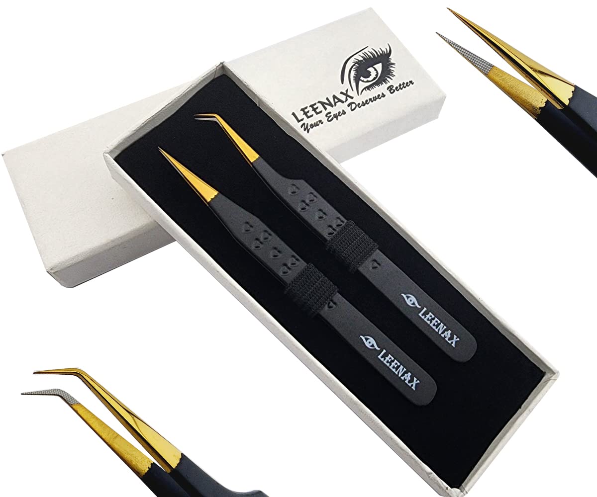 Leenax 2 Pieces Fiber Tip (Anti – Slip) Eyelash Extension Tweezers, Straight and 45-Degree Volume Tweezers, Japanese Stainless Steel, Hearts Design (Black)