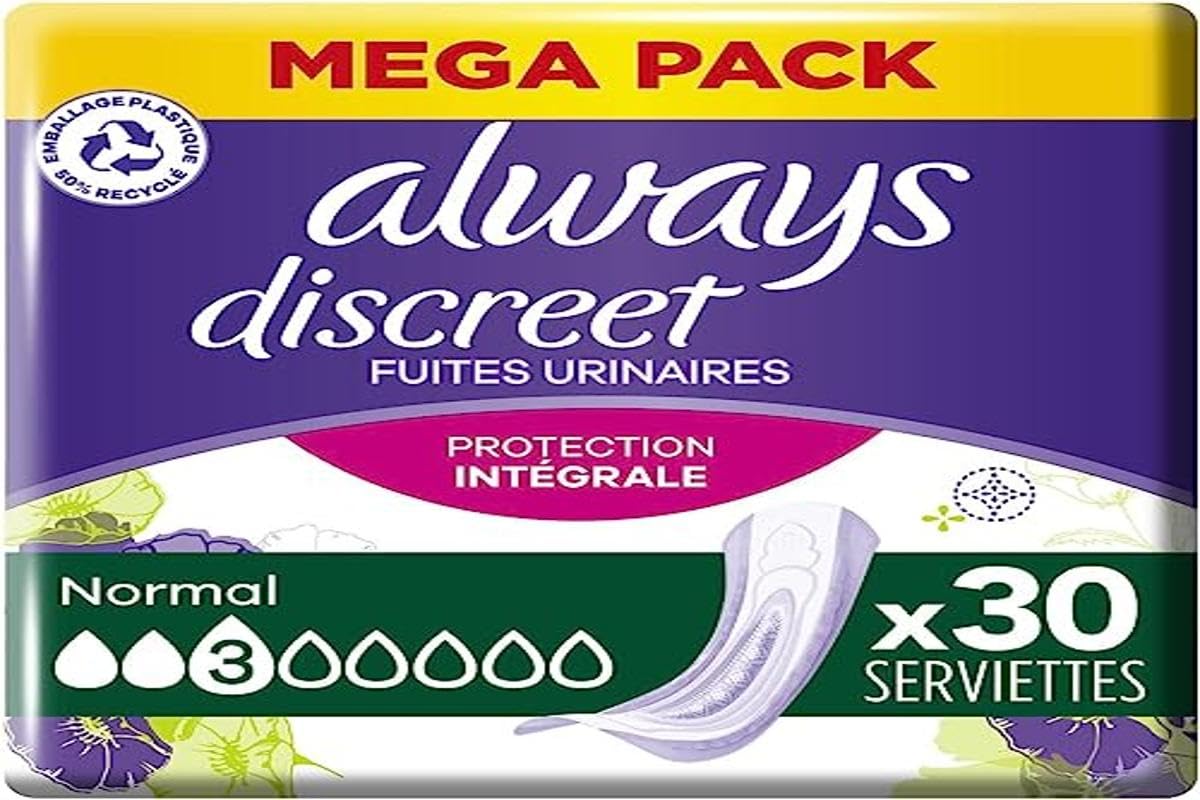 Always Discreet, 30 Women's Incontinence Pads, Normal 3 Drops, Absorbent Protection for Moderate Urinary Leaks, Mega Pack