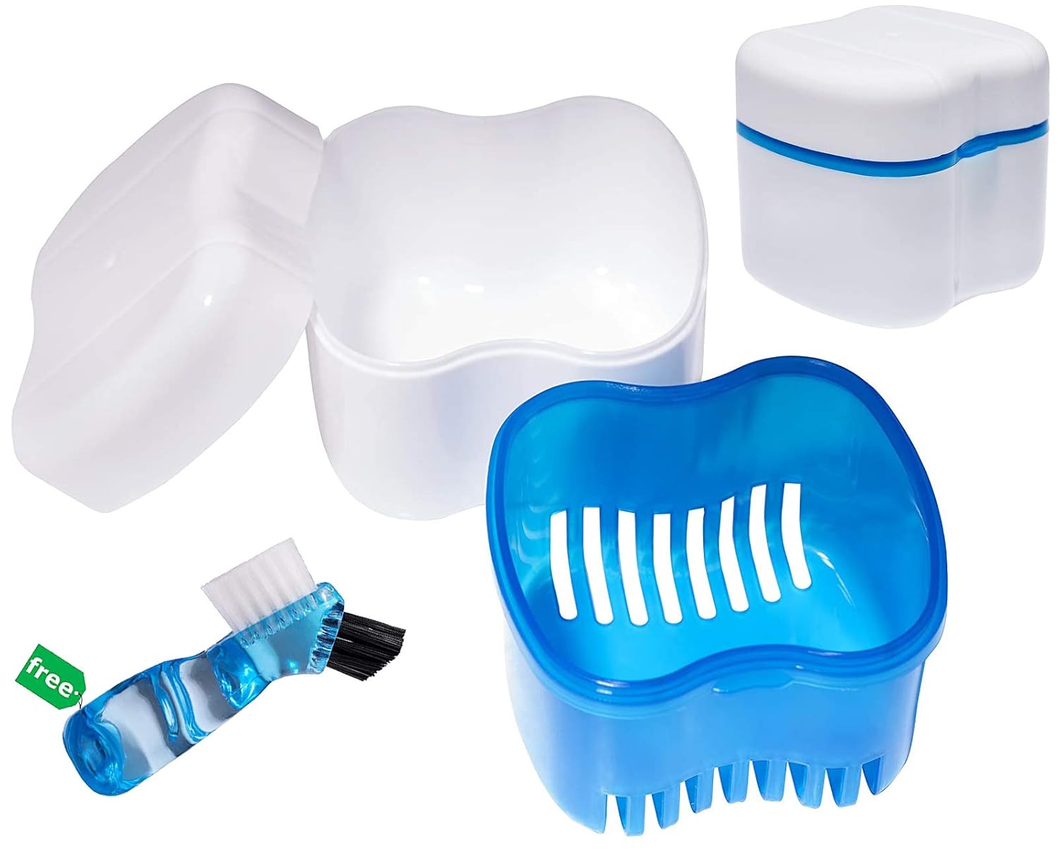 Denture Brush Retainer Case, Denture Case, Denture Cups Bath, Dentures Container with Basket Denture Holder for Travel, Mouth Guard Night Gum Retainer Container (Blue) : Beauty