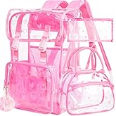 ZLYERT 17" Heart Print Clear Backpack for Girls - 3Pcs Flip Design Stadium Approved Set, Campus/Travel Transparent Bookbag (Pink)
