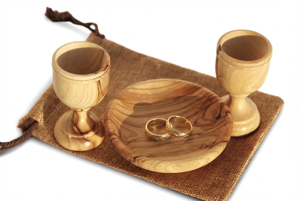 Christian Wedding Gifts – Olive Wood Communion Set Made in Bethlehem – 2 small Cups (3") & Bread Tray for Marriage Unity Ceremony – Authentic Holy Land Gift for Bride & Groom with Certificate
