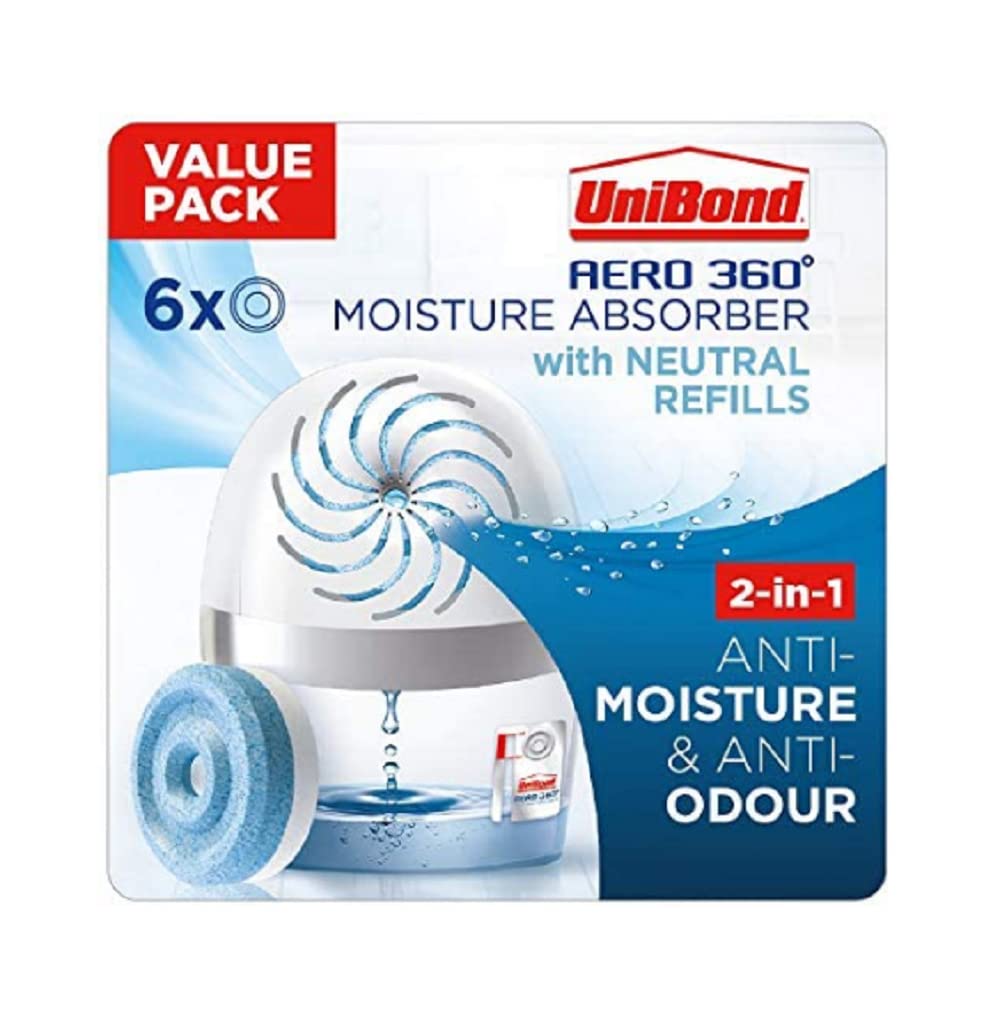 UniBond 2562368 AERO 360º Moisture, Ultra dehumidifier, Helps to Prevent, Mould & Musty Smells, Condensation Absorber, 1 Device incl. 6 Refill tabs 450g, Neutral