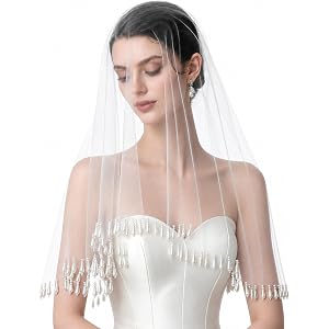 Aowrikg 2 Tier Teardrop Pearl Wedding Veil with Comb | Off White, Fingertip Length, Hand-Beaded Teardrop Pearl Soft Tulle Vei