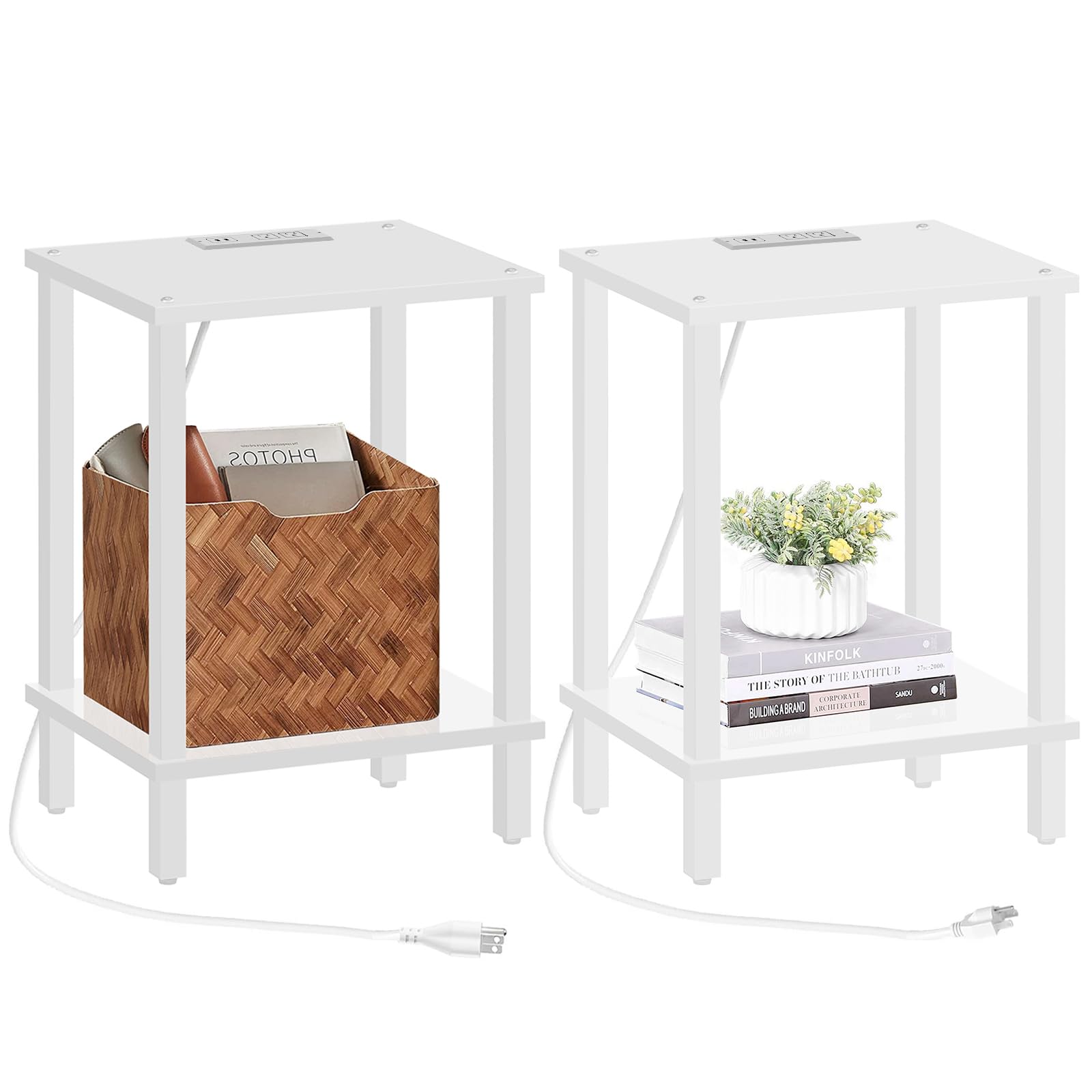Photo 1 of TUTOTAK End Table with Charging Station, Set of 2, Small Side Table with Outlets, Nightstand Bedside Table, 2-Tier Storage Shelf for Small Space, Living Room, Bedroom White TB01BW041