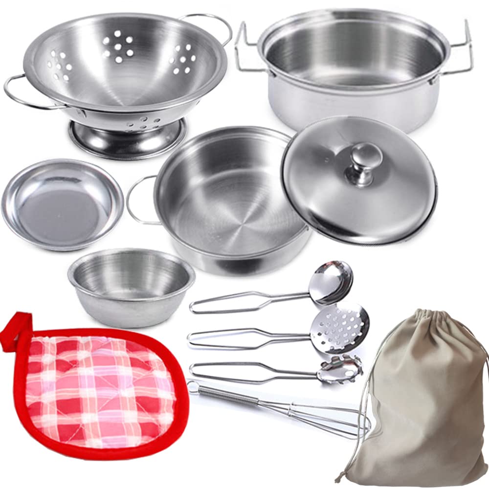 Kids Kitchen Pretend Play Toys Accessories with Stainless Steel Cookware Pots and Pans Set, Cooking Utensils, Apron & Chef Hat (Family Edition with velvet bag)