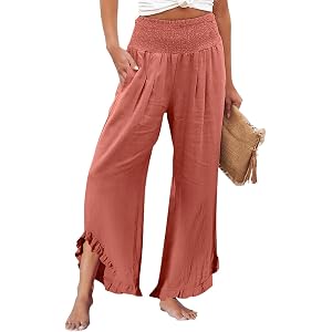 Rikbuig Linen Pants Women Smocked High Waisted Wide Leg Cropped Palazzo Pants with Pockets Cute Ruffle Boho Flowy Beach Pant