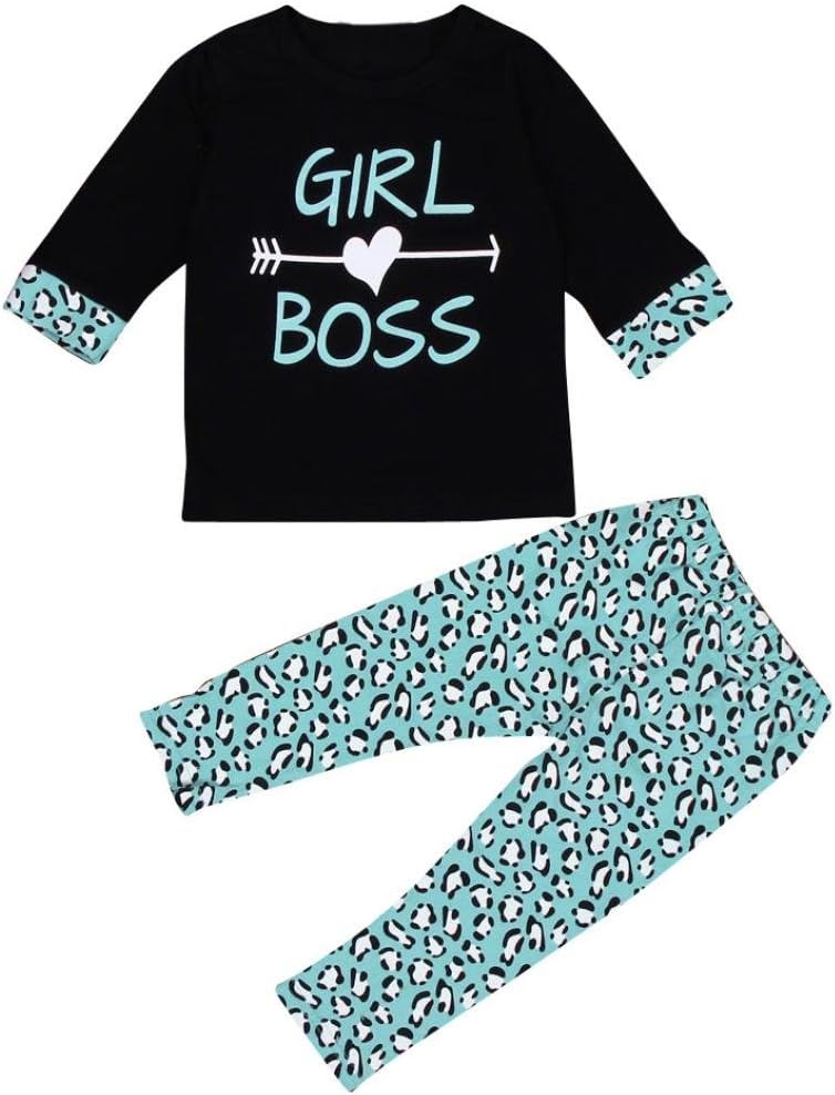 Hansee Kids Baby Girls Girl BOSS Print T-Shirt Tops+Leopard Pants Outfit Clothes Set