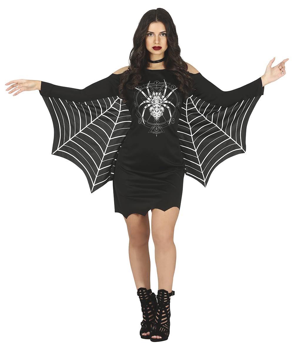 FIESTAS GUIRCA Spider Woman - Short Black Dress with Spider Print and Spider Web Sleeves Fancy Dress Costume Adult Woman Size L 14-16