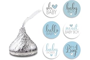 FUJLOY 270 PCS Blue Baby Shower Stickers, 6 Design Self Adhesive Circle Label Stickers, Baby Shower Envelope Seals Candy Stickers，Baby Shower Party Chocolate Stickers,Candy Stickers.（015）