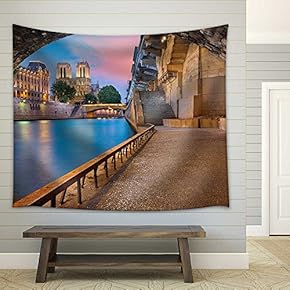 Paris. Image of The Notre-Dame Cathedral and Riverside of Seine River in Paris, France - Fabric Wall Tapestry Home Decor - 51x60 inches