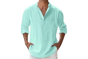 YOUYING Men's Cotton Linen Henley Shirt Long Sleeve Hippie Casual Beach T Shirt Summer Loose Lightweight Band Collar Yoga Top