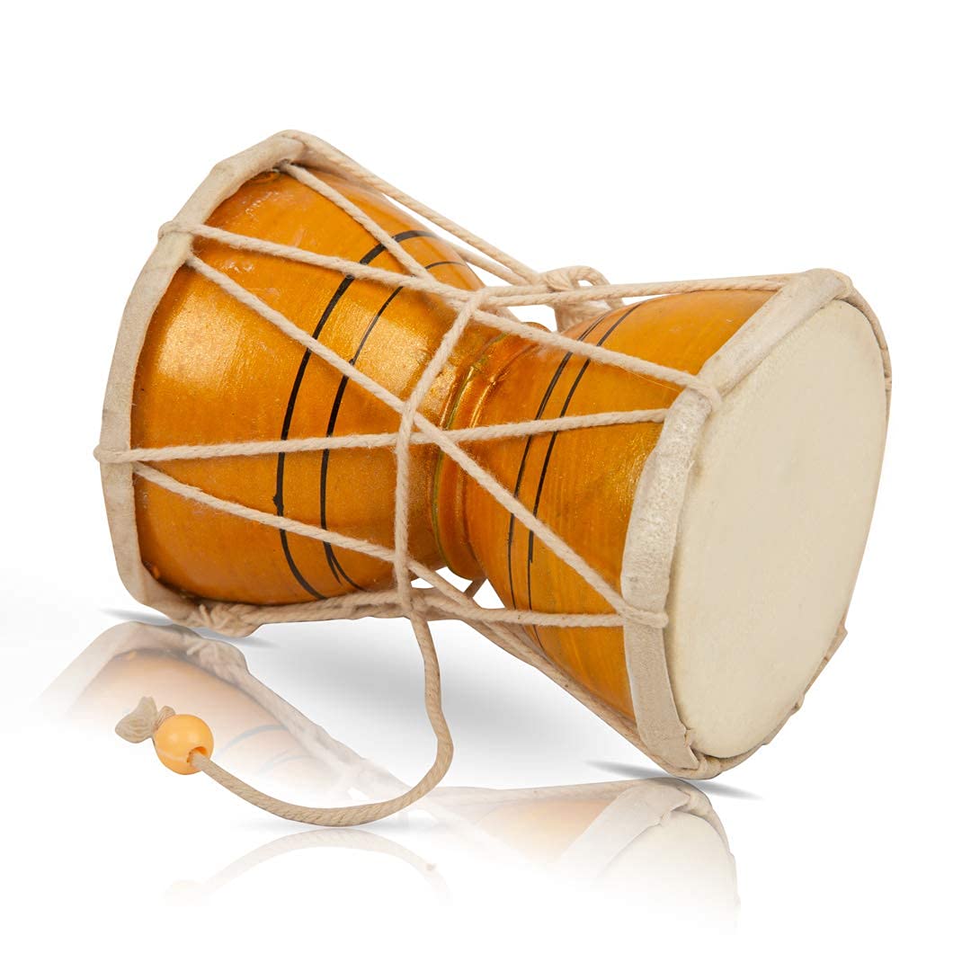 Handmade Wooden & Leather Classical Indian Folk Dumroo Damroo Damaru Hand Drum Set Percussion Decorative Collectible Showpiece World Musical Instruments Fun For Adults Teens Birthday Gift (Yellow)