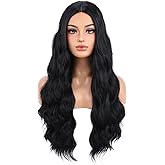 BERON Black Wig Long Wavy Wig Long Black Wavy Wigs Middle Part Synthetic Wigs for Women Daily Halloween Party Hairnet Include