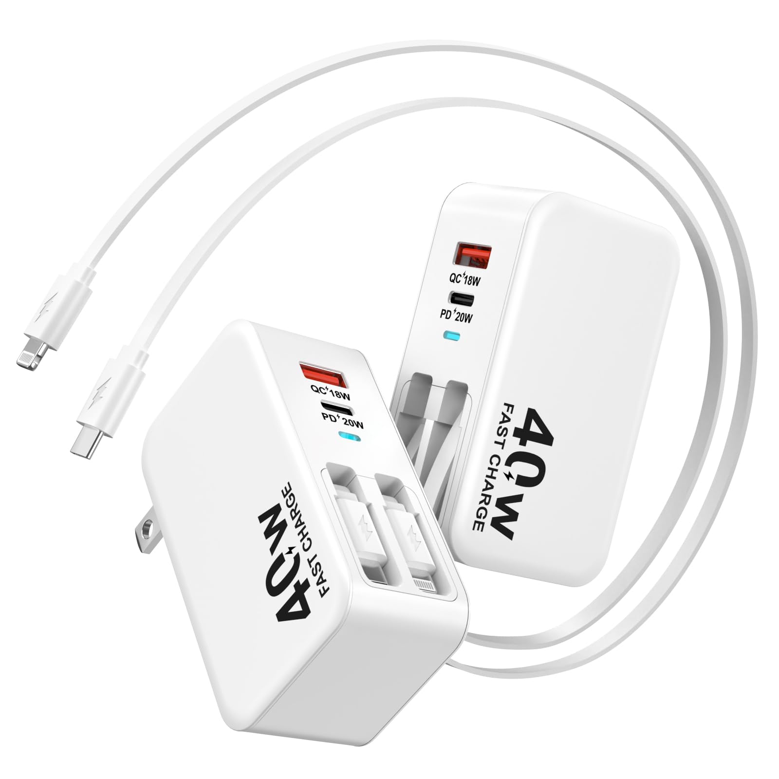 4-in-1 Retractable Wall Charger, 40W Retractable iPhone Charger Wall Plug with Dual 3ft Lightning + Type C Charging Cables, 4-Ports USB C Charger Foldable Block for iPhone 17 16 15 14 13 12 11 8 7