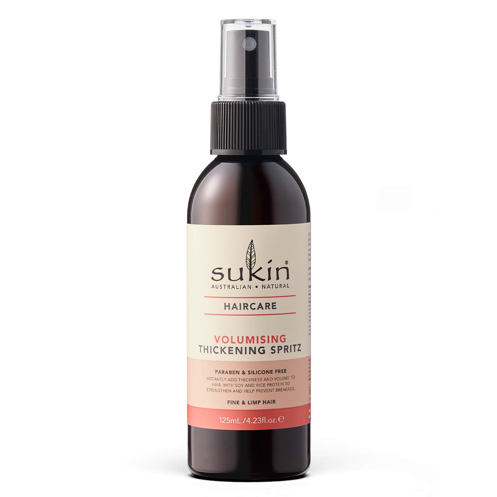 Sukin Volumising Thickening Spritz 125ml - adds thickness & volume to fine hair - with Soy & Rice protein to strengthen hair to help prevent breakage; cruelty free & vegan friendly.