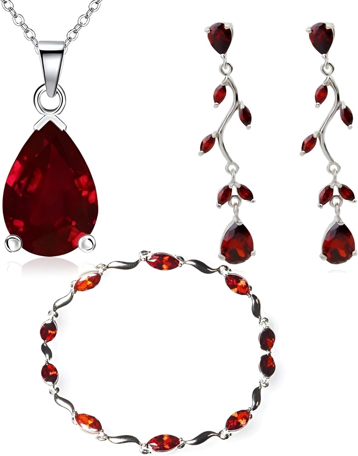 Crystalline Azuria Women 18ct White Gold Plated Teardrops Red Zirconia Crystals Set Necklace 17.7 inches Dangle Earrings Bracelet