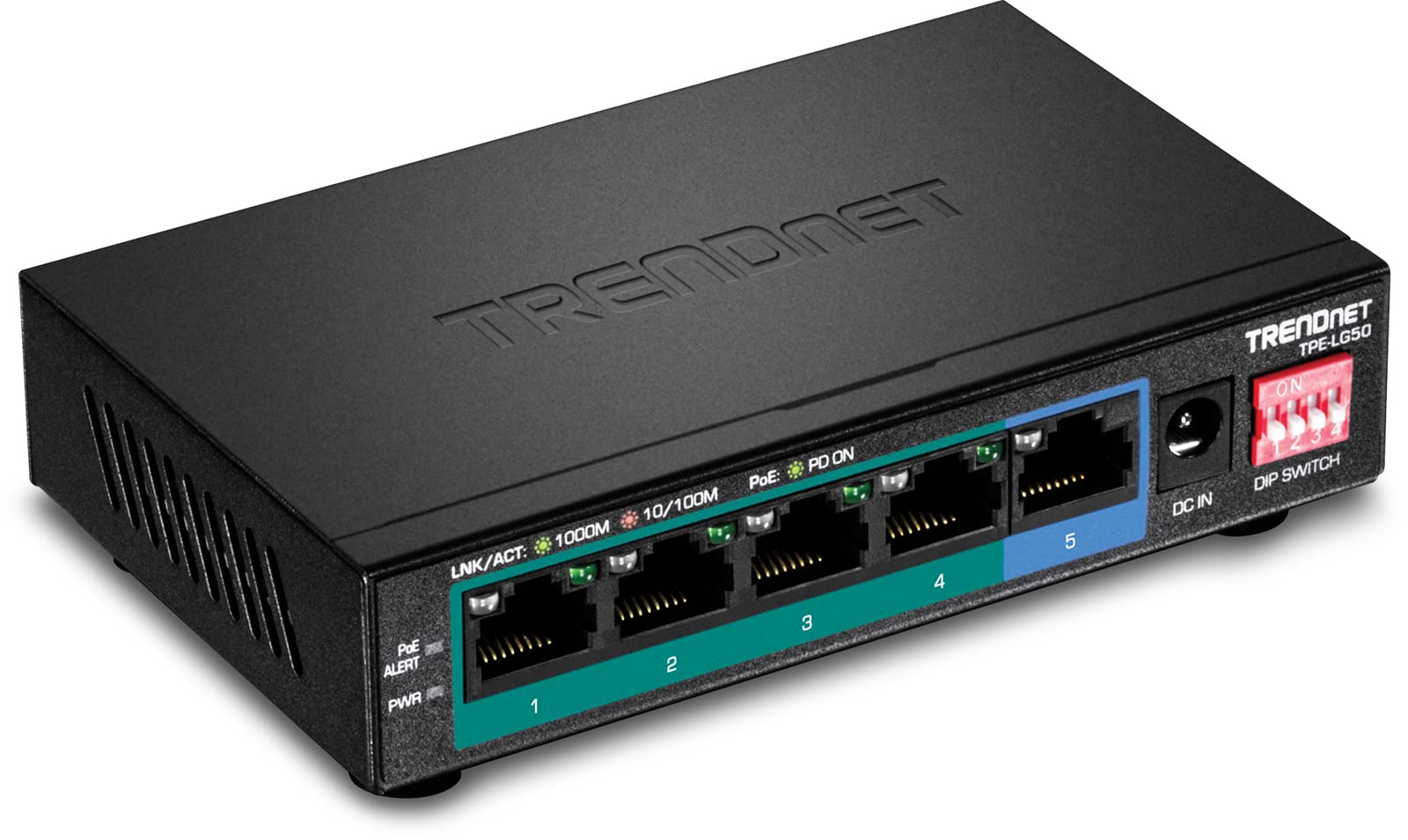 TRENDnet 5-Port Gigabit Long Range PoE+ Switch, TPE-LG50,4 x PoE+ Ports, 1 x Gigabit Port, Camera DIP Switch extends PoE+ 200 m (656 ft)