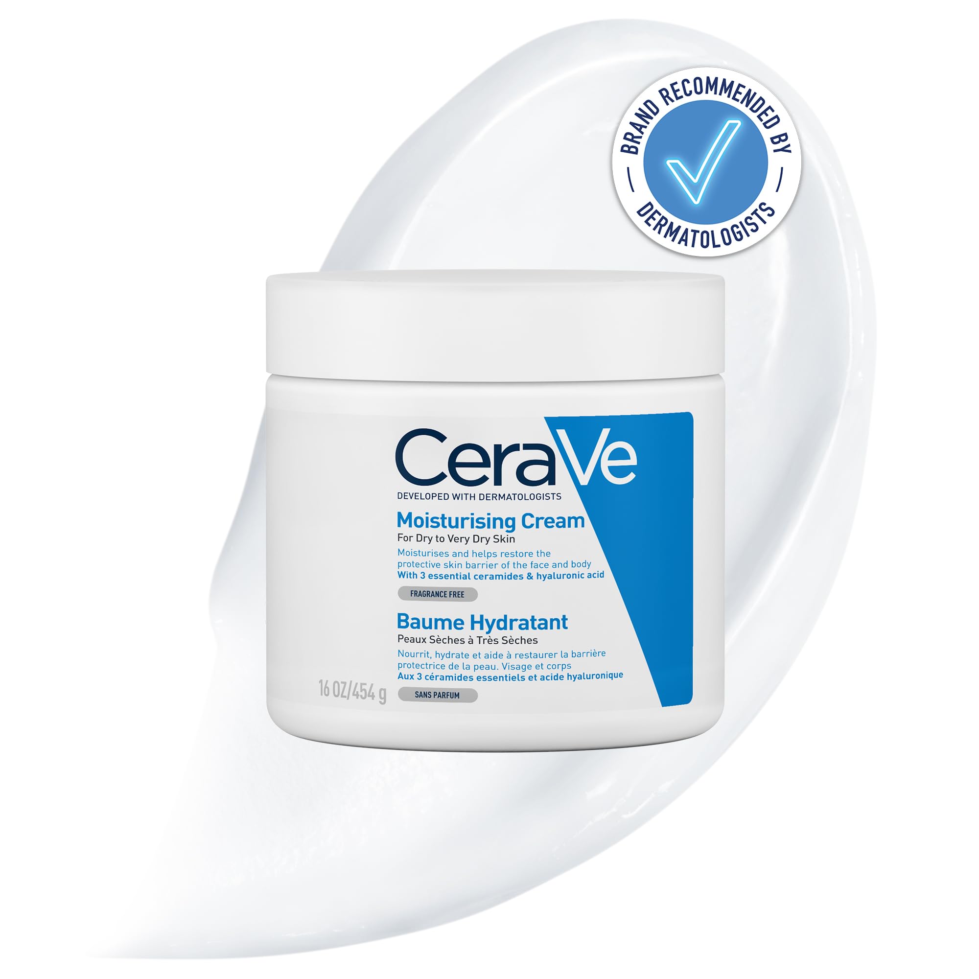 CeraVe Moisturising Cream, Face & Body, with 3 Essential Ceramides & Hyaluronic Acid for Dry to Very Dry Skin, Developed with Dermatologists, Fragrance-Free, 454g/16oz
