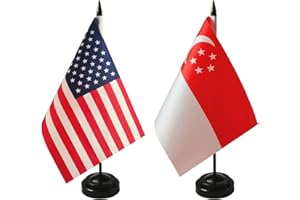 ZIGVERT 1 American and 1 Singaporean 8"x5" Miniature Desk & Table Flag, Includes 2 Flag Stands & 2 Small Mini Stick Flags, USA American & Singapore Flag,Singapore Flags ,Singapore Room Flag, Friendship Flags of the World
