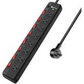 8 Outlet Heavy Duty Power Strip with 8 Individual Switches 1200J Black 6FT | Moutable Metal Power Strip Surge Protector 15A 1800W 125V 60Hz 6FT 14AWG Extension Cord