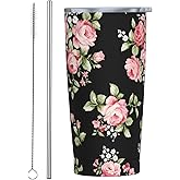 CHASOEA Pink Flowers Tumbler 20oz Floral Stainless Steel Insulated Tumblers with Lid and Straw Black Travel Coffee Mug Tea Wine Cups Water Bottle Sport Gifts for Women