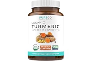 PURE CO Organic Turmeric Ginger Black Pepper Supplement - High Potency Organic Turmeric Curcumin Capsules with Ginger & Black Pepper for Enhanced Benefits and Absorption - Vegan & Non-GMO (1 Month Supply)