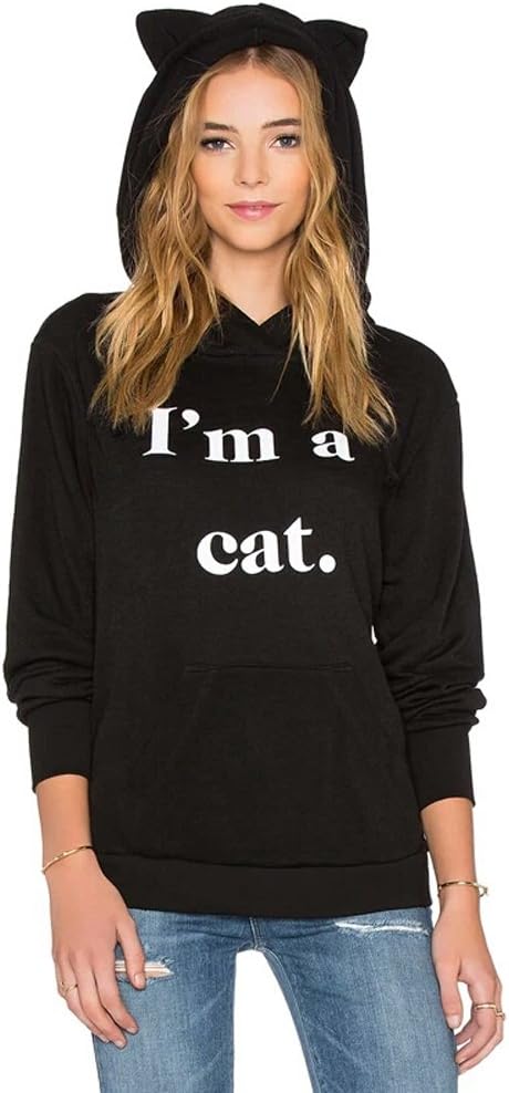 Cat Ear Black Hoodies Women Pullover Pocket Pouch Vintage Cute Hooded Sweatshirts Hoody Ladies Plus Size Oversize