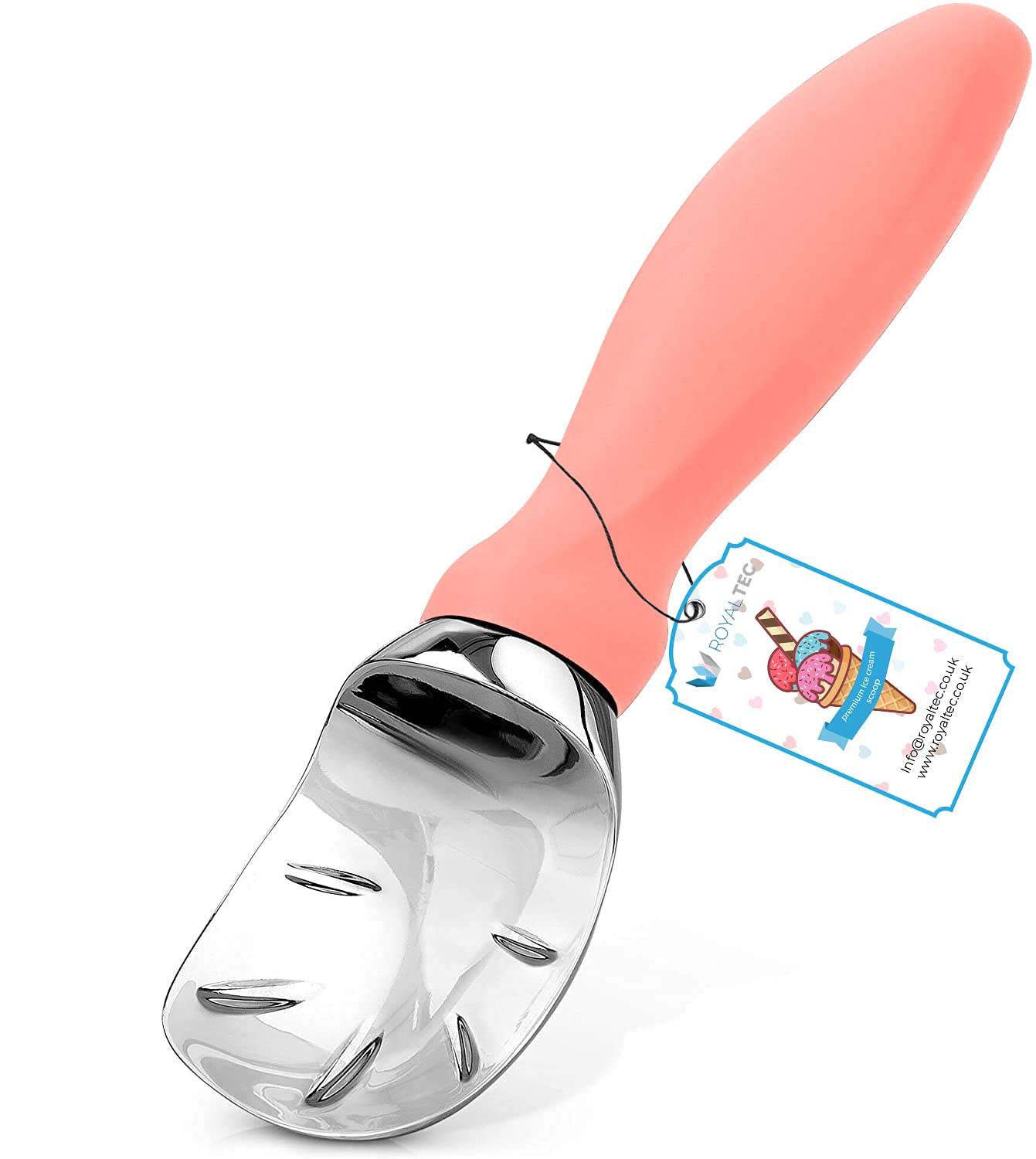 ROYALTEC Heavy Duty Ice Cream Scoop – Zinc Alloy, Ergonomic Handle, Rustproof & Dishwasher Safe – Cuts Through Hard Ice Cream with Ease (Coral)