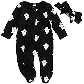 Santikisler Newborn Baby Girl Halloween Outfit Pumpkin Dog Ruffle Romper Long Sleeve Jumpsuit Striped Clothes Fall