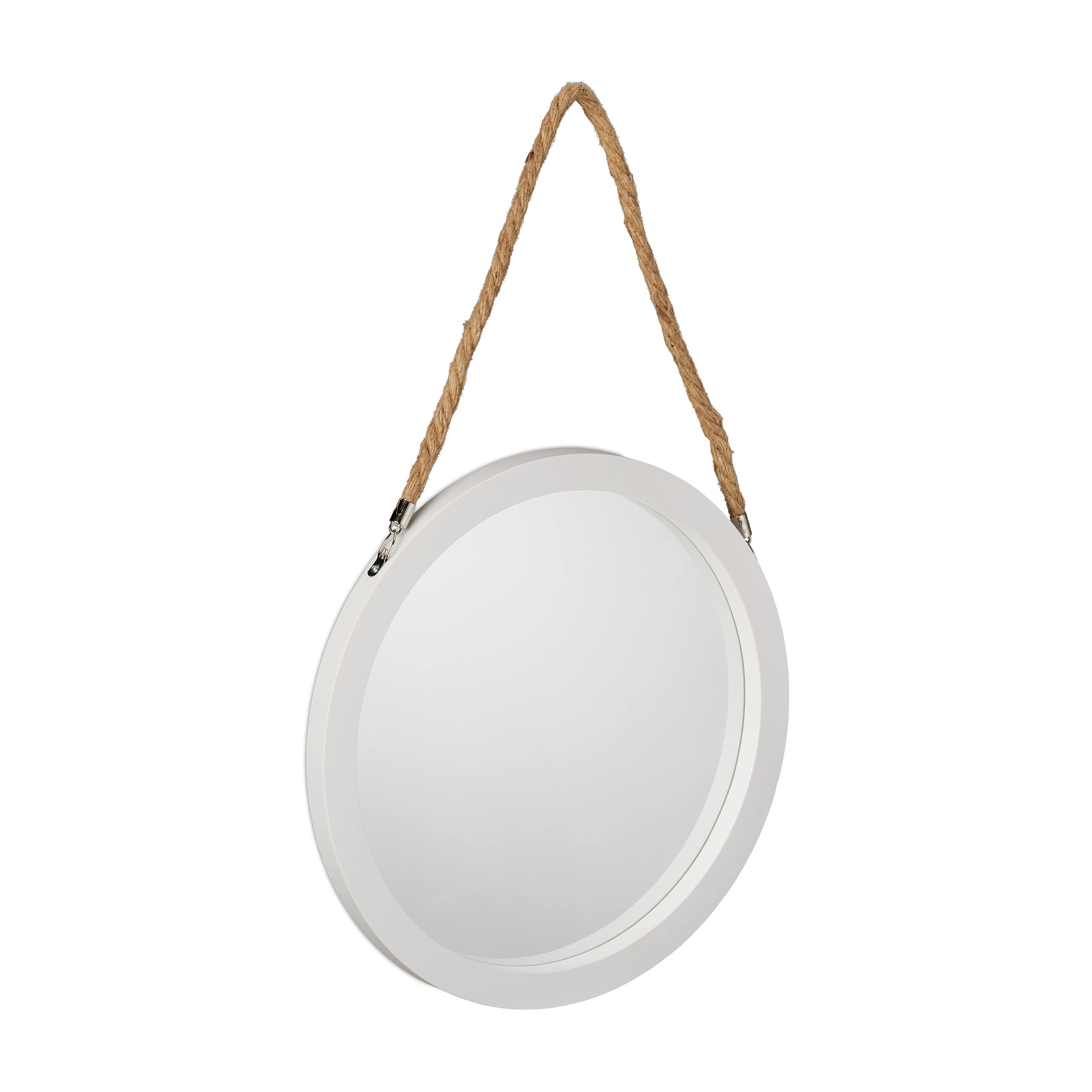 Relaxdays Round Hanging Mirror, Suspension Rope, Plastic Frame, Hallway, Bathroom & Guest WC, ∅: 35 cm, White/Natural