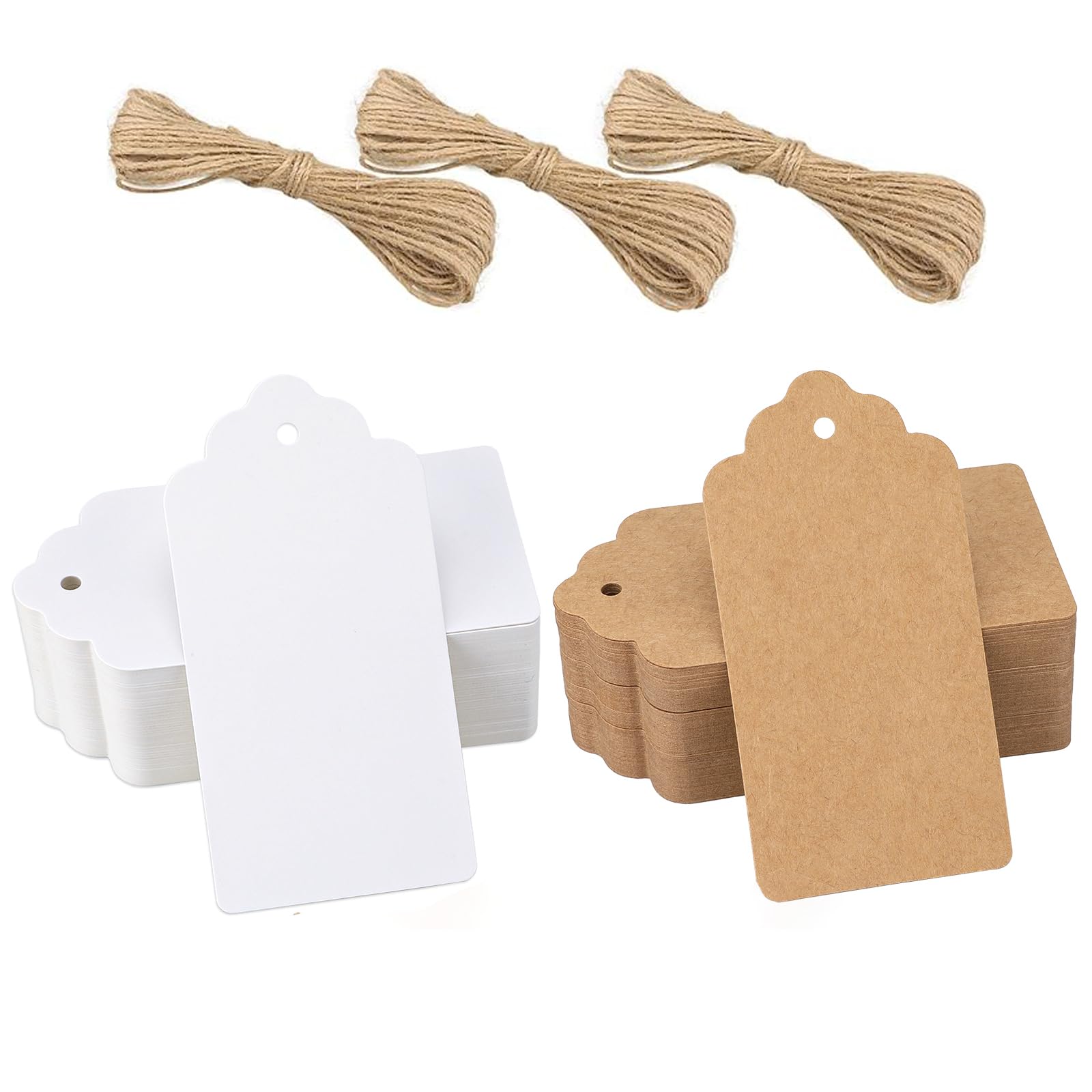 jijAcraft Kraft Paper Tags - 200PCS Labels, 10X5CM Hanging Tags with Jute String, Brown+White