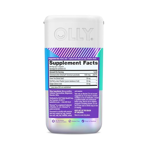OLLY COMBAT CRAVINGS, METABOLISM & ENERGY SUPPORT SUPPLEMENT,1000 MCG CHROMIUM, GREEN TEA, GOJI BERRY, GINGER – 30 COUNT